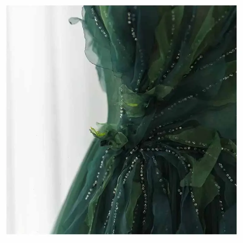 Spaghetti Straps Dark Green Gown With Leaf Details Long Evening Prom Dress