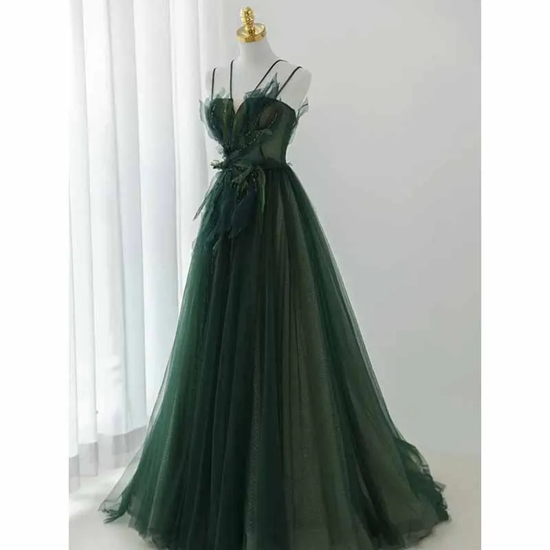 Spaghetti Straps Dark Green Gown With Leaf Details Long Evening Prom Dress