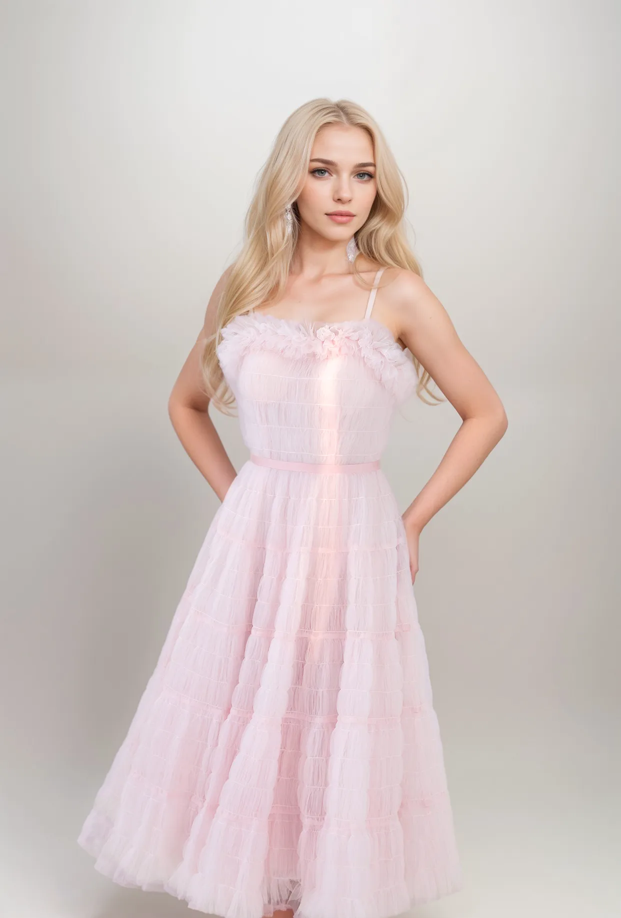 Spaghetti-straps pleated bodice tutu skirt tea length tulle prom dress