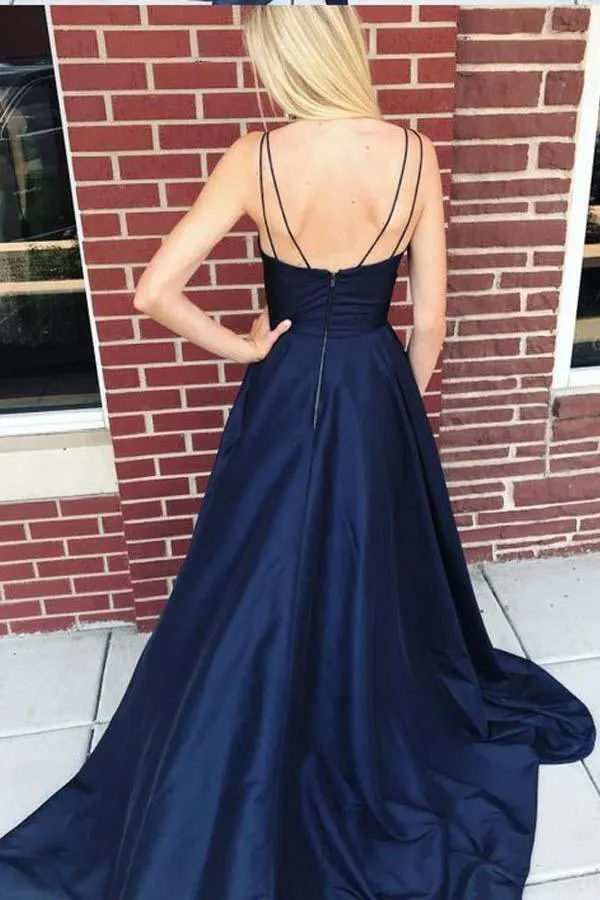 Straps Navy Blue Satin Long Prom Dress Evening Dress with Side Split PG711