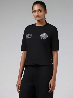 Studiofit Black Embroidered Cotton Blend T-Shirt