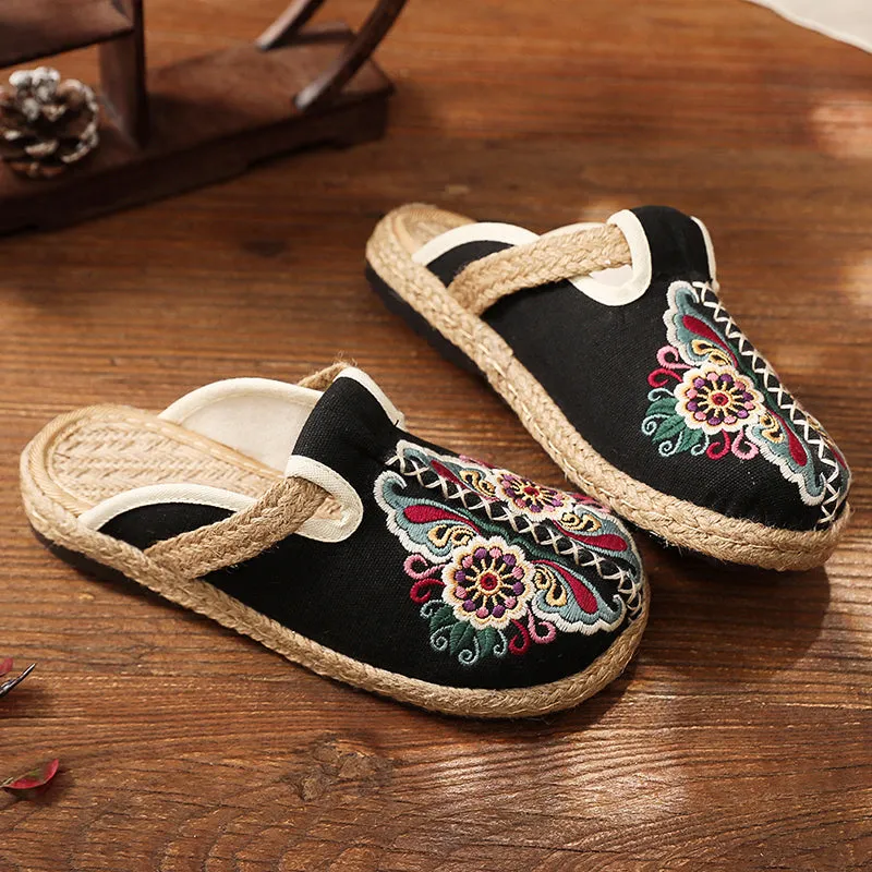 Summer Slippers Hand-woven Flower Embroidered Mules