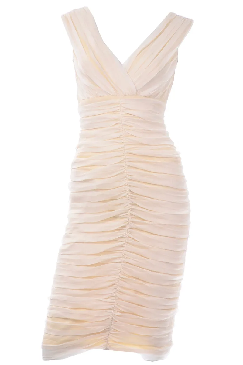 Tadashi Shoji Vintage Cream Silk Ruched Bodycon Dress