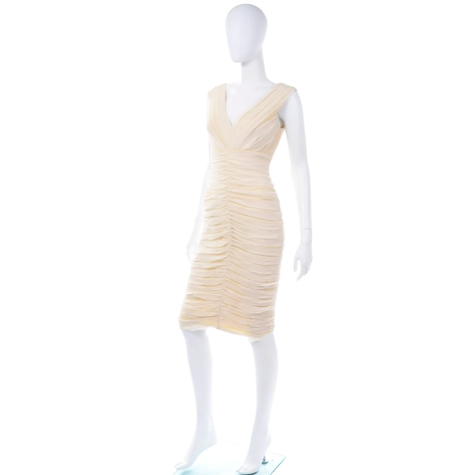 Tadashi Shoji Vintage Cream Silk Ruched Bodycon Dress