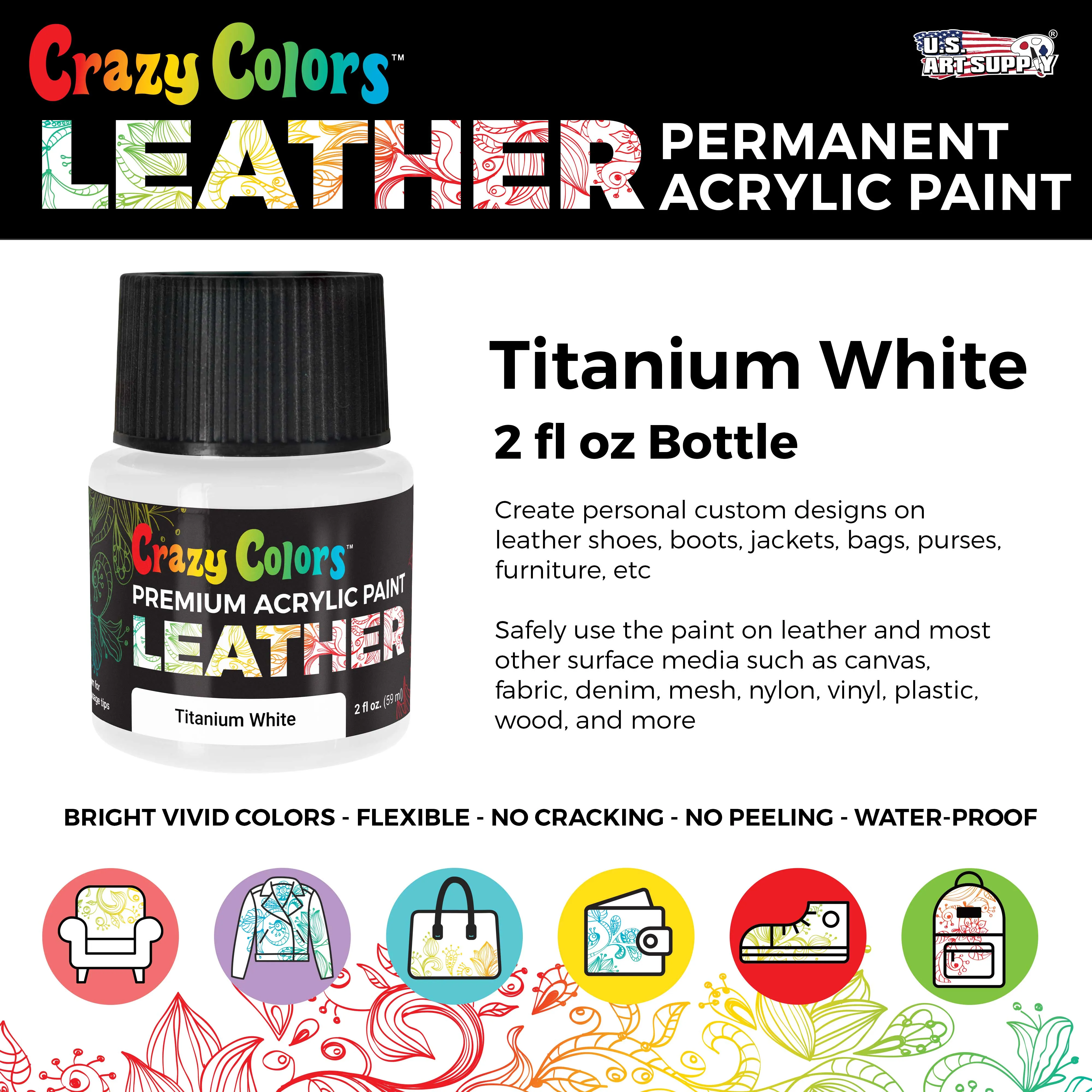 Titanium White Premium Acrylic Leather and Shoe Paint, 2 oz Bottle - Flexible, Crack, Scratch, Peel Resistant - Artist Create Custom Sneakers, Jackets, Bags, Purses