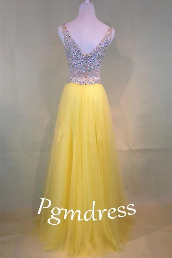 Two-Piece Beaded Sleeveless V-Neck Tulle Yellow Prom Dresses PG380