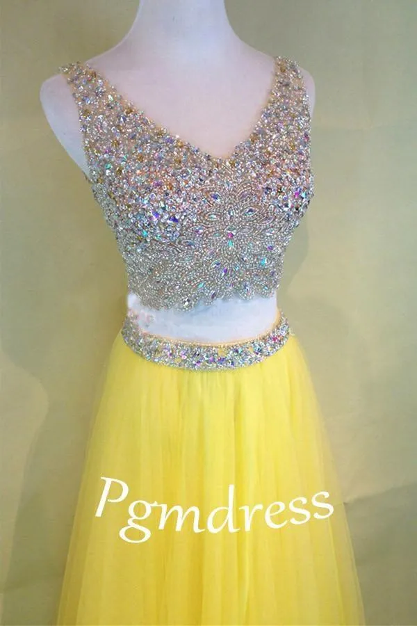 Two-Piece Beaded Sleeveless V-Neck Tulle Yellow Prom Dresses PG380