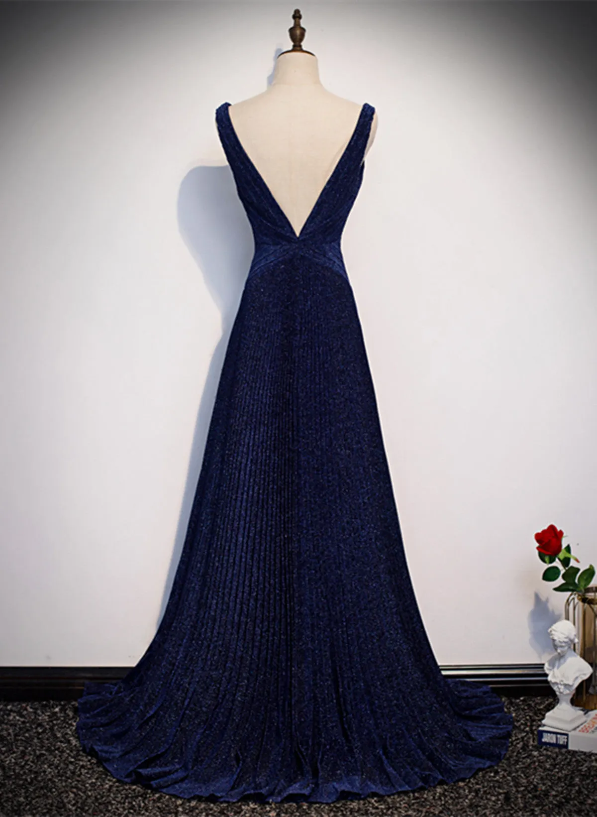 Uniwim 2024 A-line Navy Blue V-neckline Long Party Dress, Navy Blue Long Prom Dress