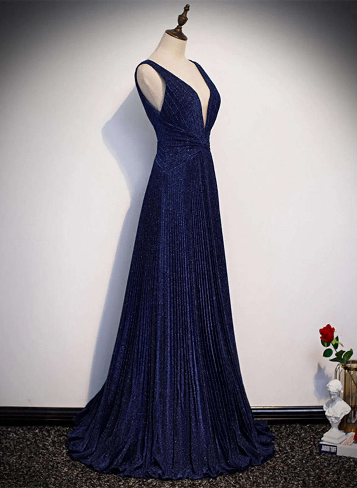 Uniwim 2024 A-line Navy Blue V-neckline Long Party Dress, Navy Blue Long Prom Dress