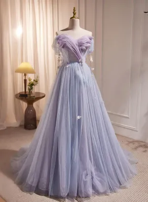 Uniwim Light Purple Off Shoulder Sweetheart Long Formal Dress, Light Purple Tulle Prom Dress