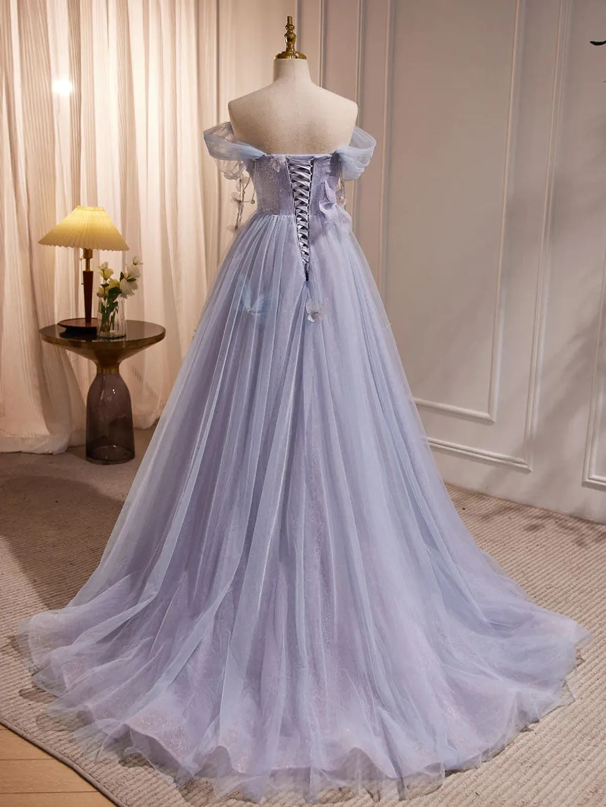 Uniwim Light Purple Off Shoulder Sweetheart Long Formal Dress, Light Purple Tulle Prom Dress