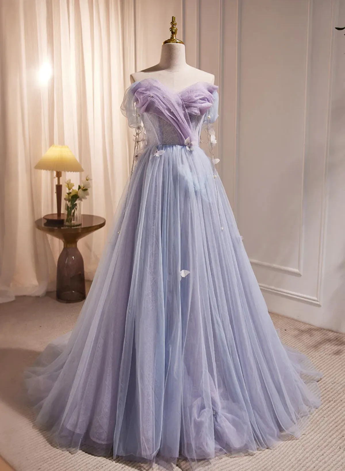 Uniwim Light Purple Off Shoulder Sweetheart Long Formal Dress, Light Purple Tulle Prom Dress