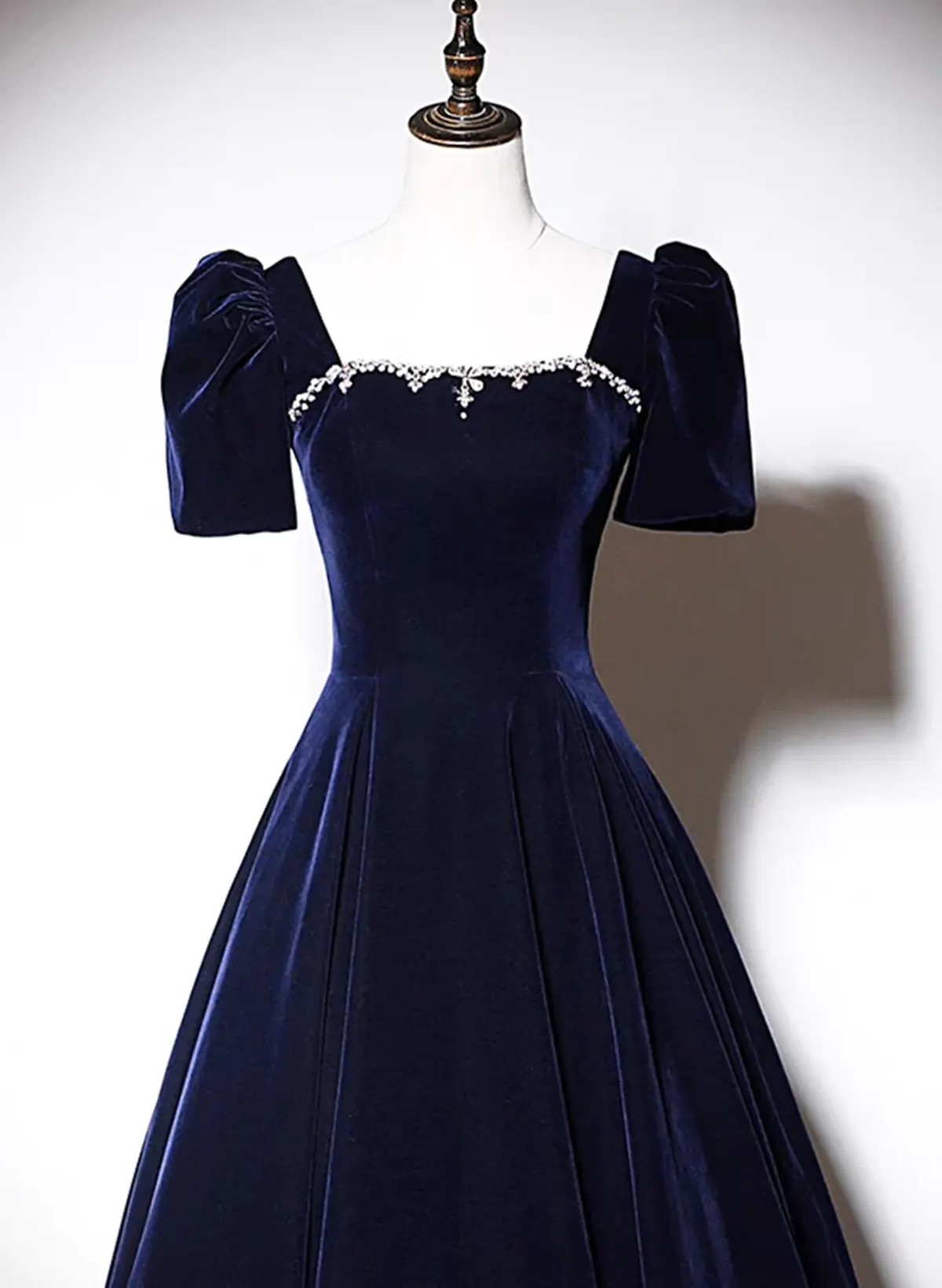 Uniwim Navy Blue A-line Velvet Long Evening Dress, Short Sleeves Beaded Prom Dress