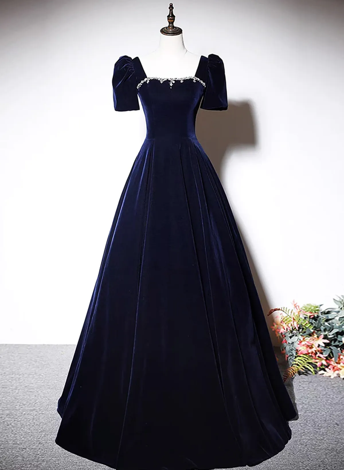 Uniwim Navy Blue A-line Velvet Long Evening Dress, Short Sleeves Beaded Prom Dress