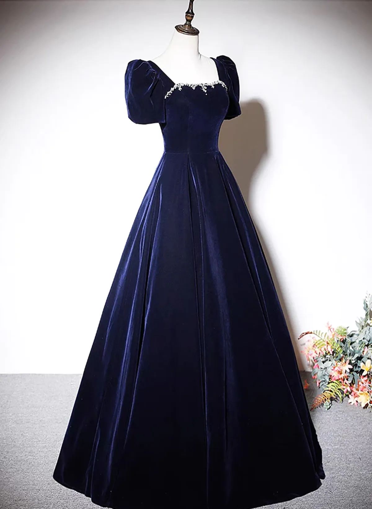 Uniwim Navy Blue A-line Velvet Long Evening Dress, Short Sleeves Beaded Prom Dress