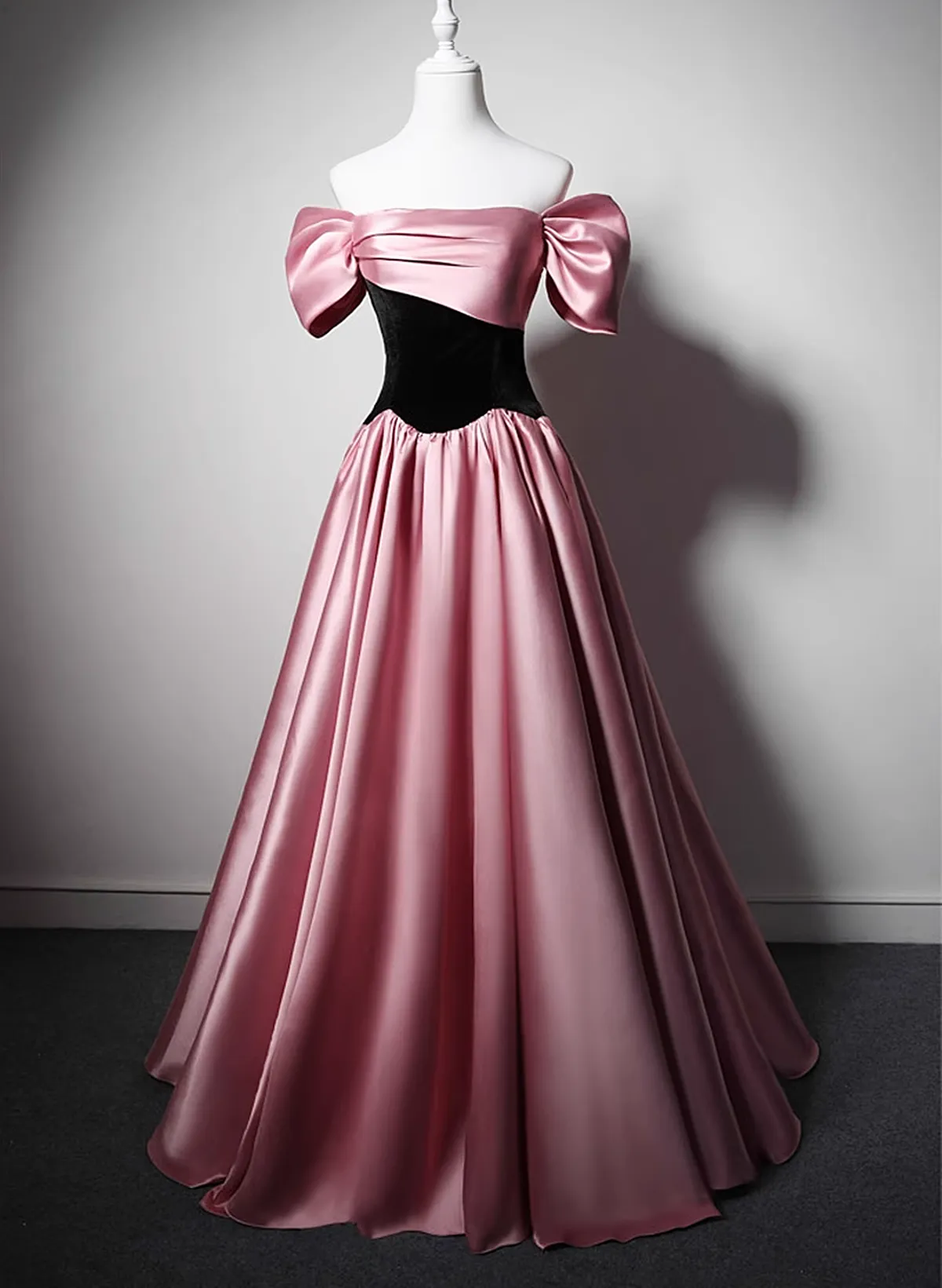 Uniwim Off Shoulder Satin Scoop A-line Long Party Dress, Pink and Black Prom Dress Evening Dress