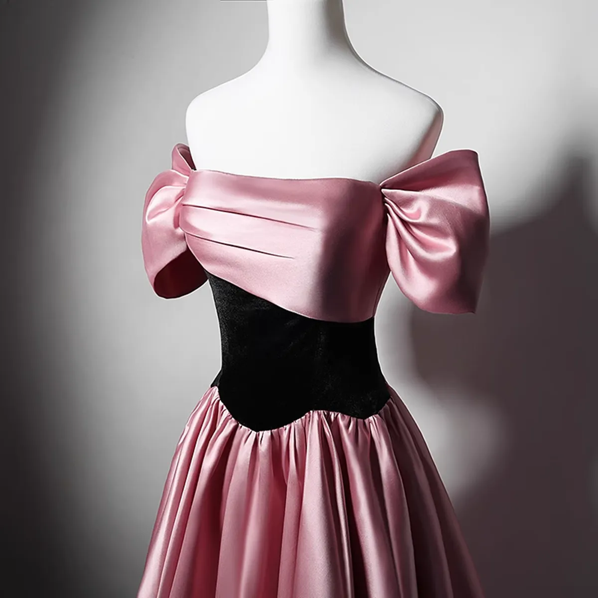 Uniwim Off Shoulder Satin Scoop A-line Long Party Dress, Pink and Black Prom Dress Evening Dress