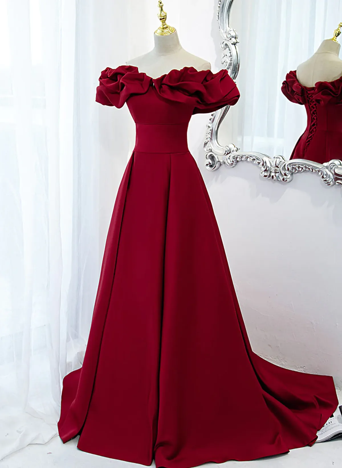 Uniwim Off Shoulder Wine Red Sweetheart Long Party Dress, Wine Red Prom Dress Evening Dress