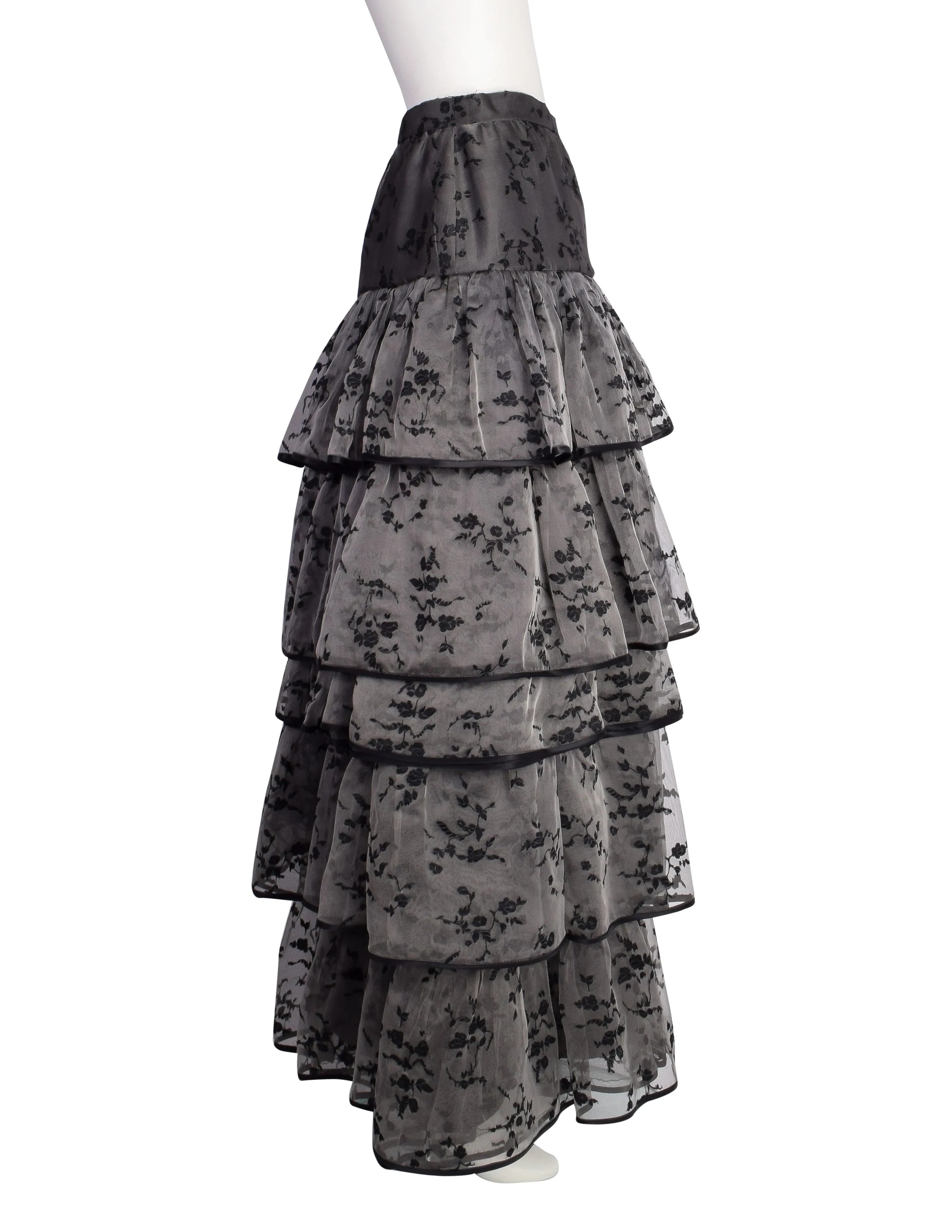 Valentino Vintage 1980s Grey Black Floral Jacquard Chiffon Tiered Ruffle Full Length Skirt