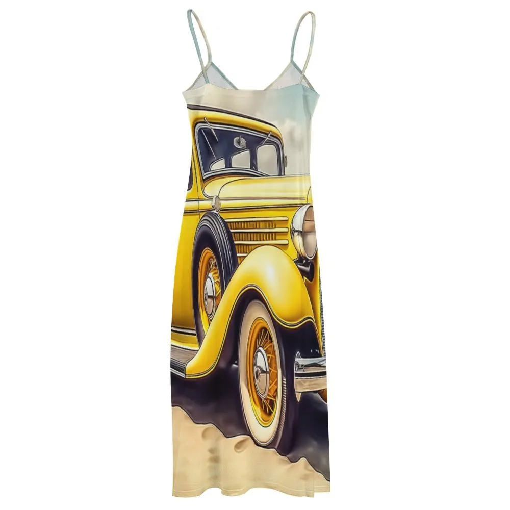 Vintage Car Yellow Spaghetti Strap Ankle-Length Dress Long dress