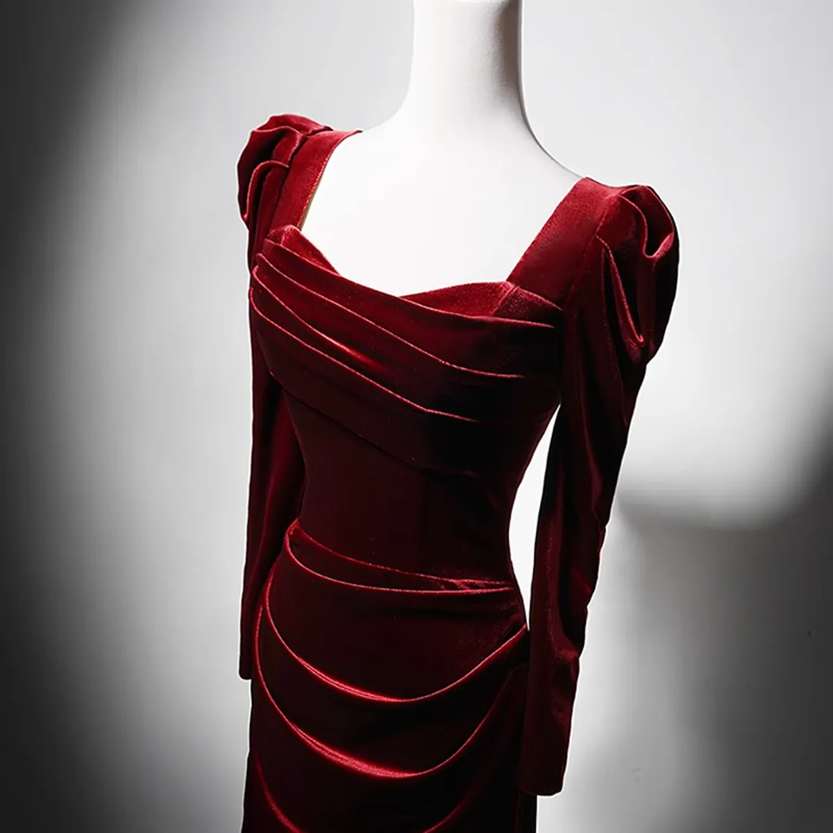 Wine Red Long Sleeves Velvet Long Party Dress, Wine Red A-line Prom Dress Wedding Party Dress