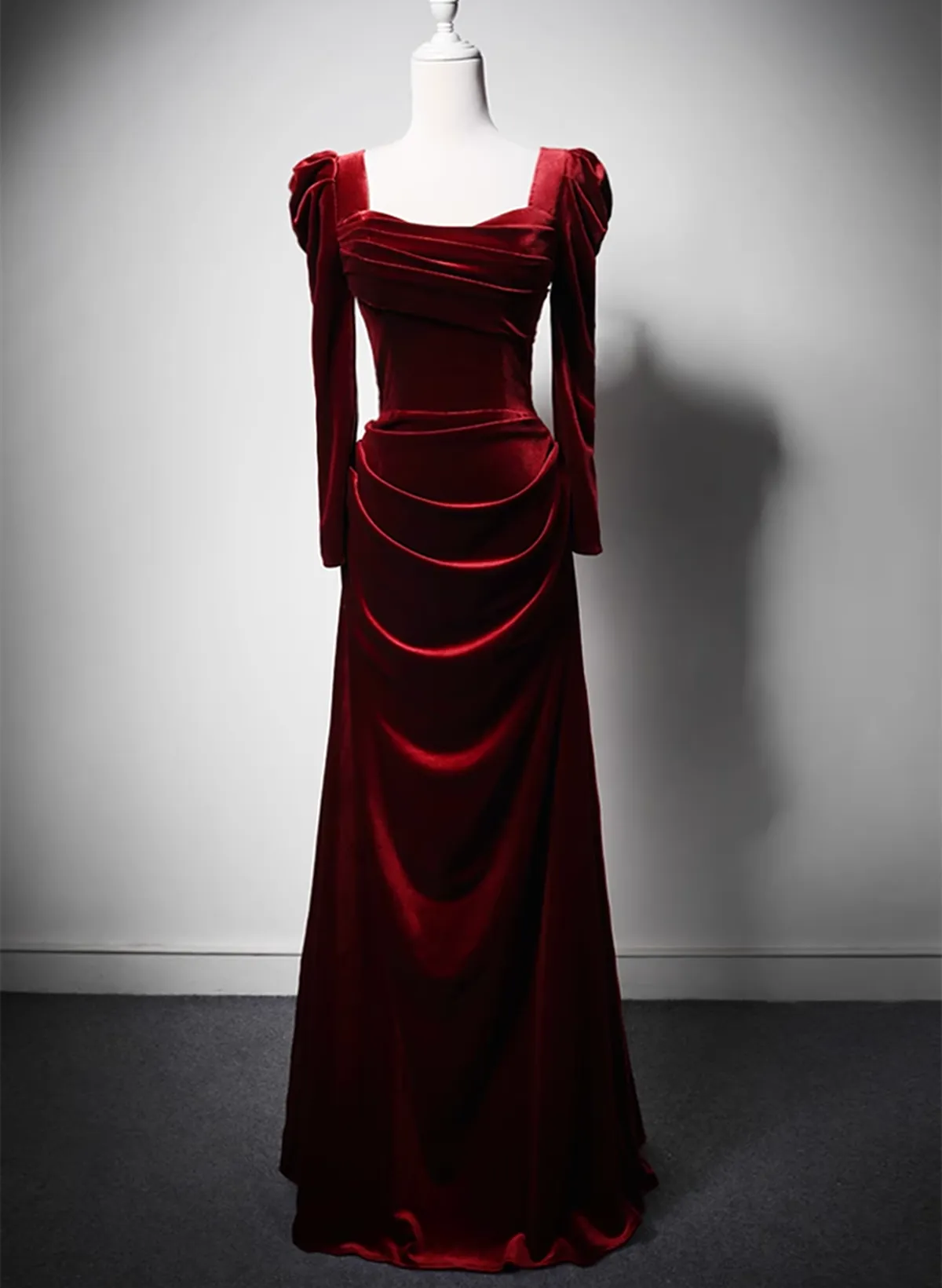 Wine Red Long Sleeves Velvet Long Party Dress, Wine Red A-line Prom Dress Wedding Party Dress