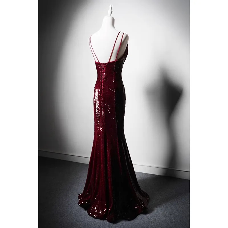 Wine Red Mermaid Straps Long Prom Dress Party Dress, Wine Red Sequins Evening Dress