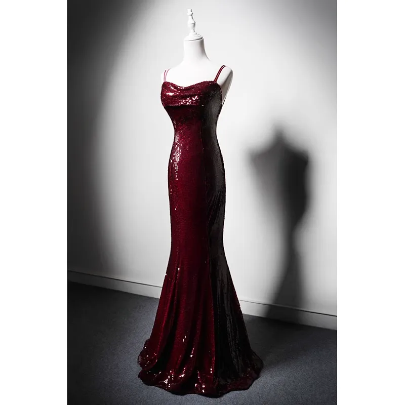 Wine Red Mermaid Straps Long Prom Dress Party Dress, Wine Red Sequins Evening Dress