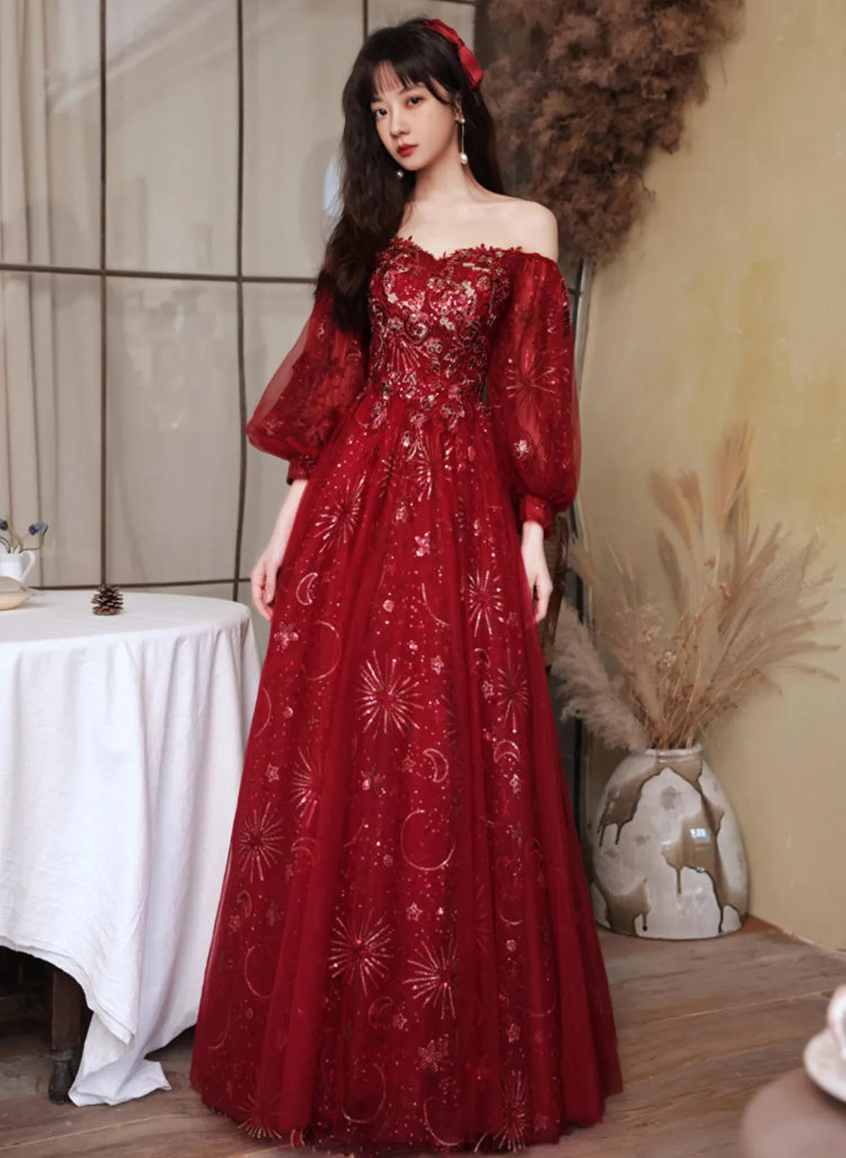 Wine Red Puffy Sleeves Sweetheart Party Dress,Wine Red Long Prom Dress