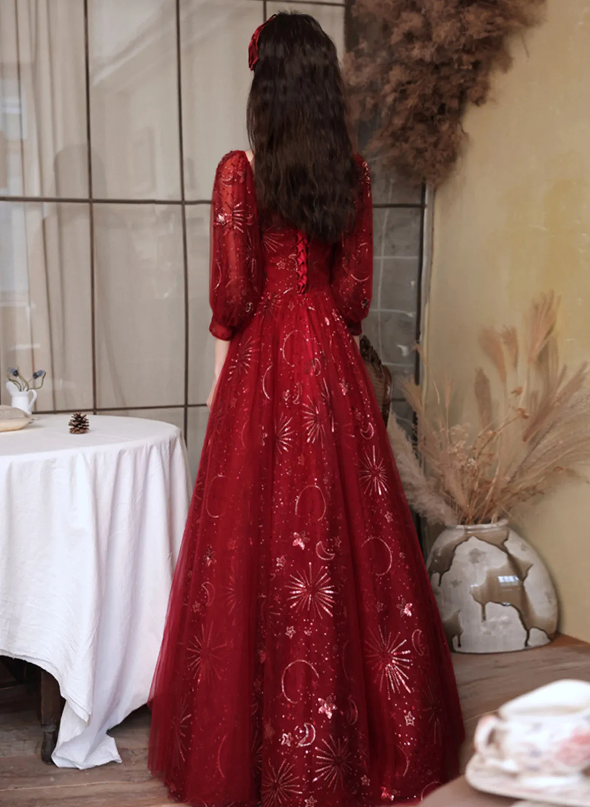 Wine Red Puffy Sleeves Sweetheart Party Dress,Wine Red Long Prom Dress