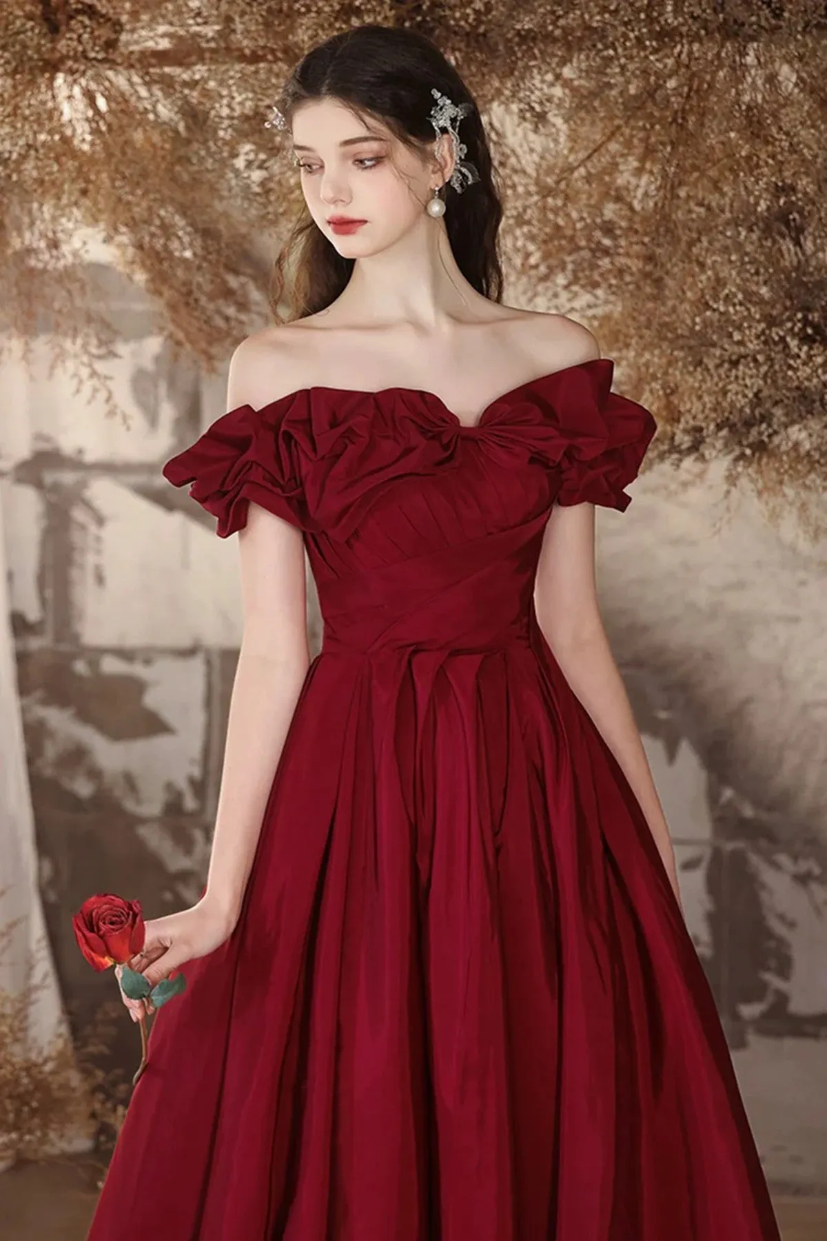 Wine Red Taffeta Long Evening Dress, Wine Red Off Shoulder Prom Dress