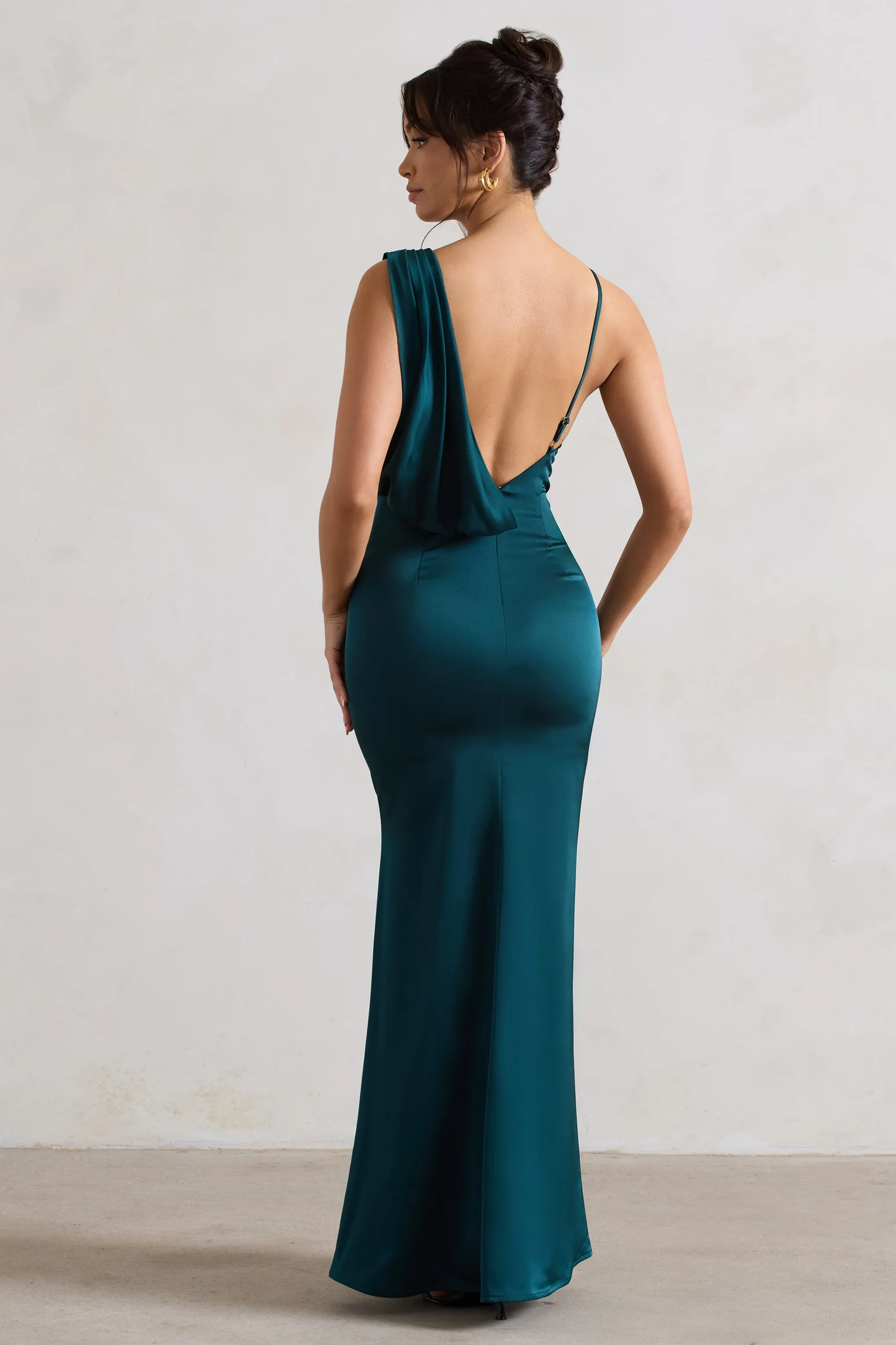 Wistful | Dark Green Satin Asymmetric Cowl-Neck Maxi Dress