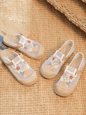 Women Summer Flower Embroidery Linen Spliced Shoes TY1030