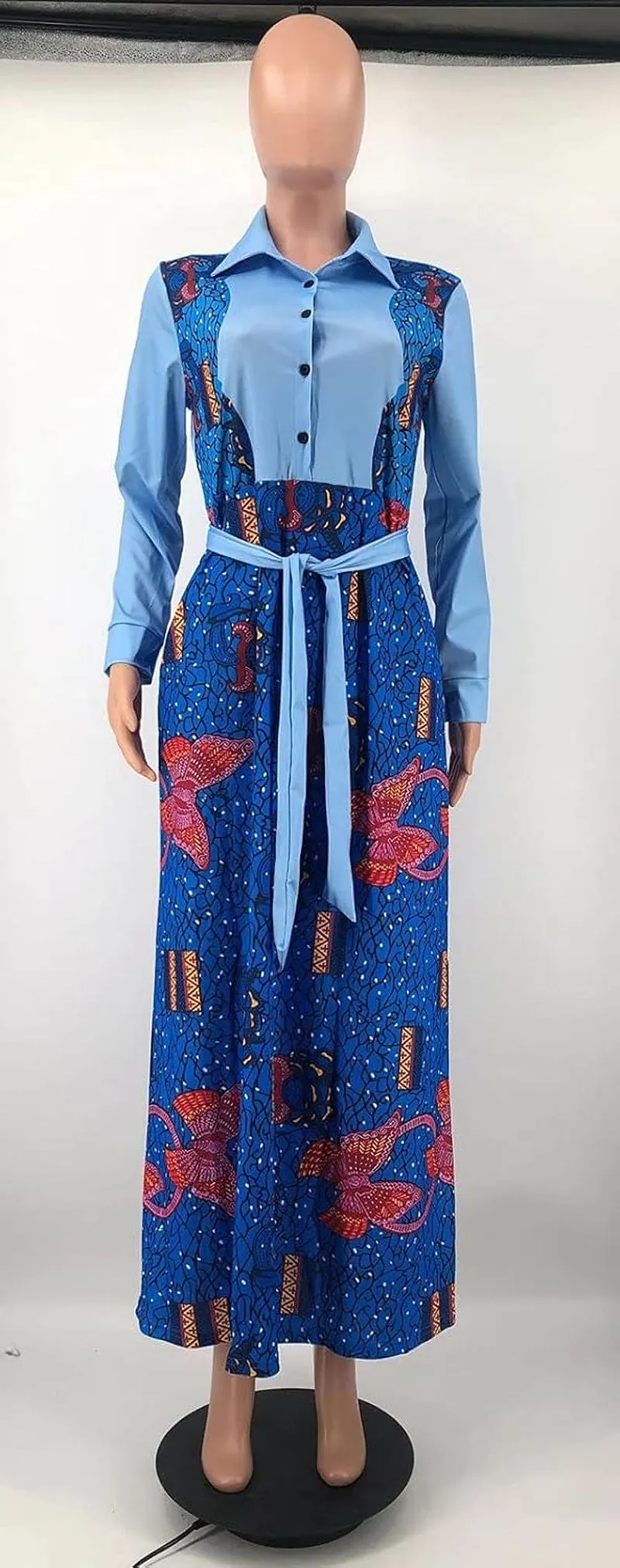 Women'S African Print Deep V Neck 3/4 Sleeve High Slit Dashiki Long Maxi Dress