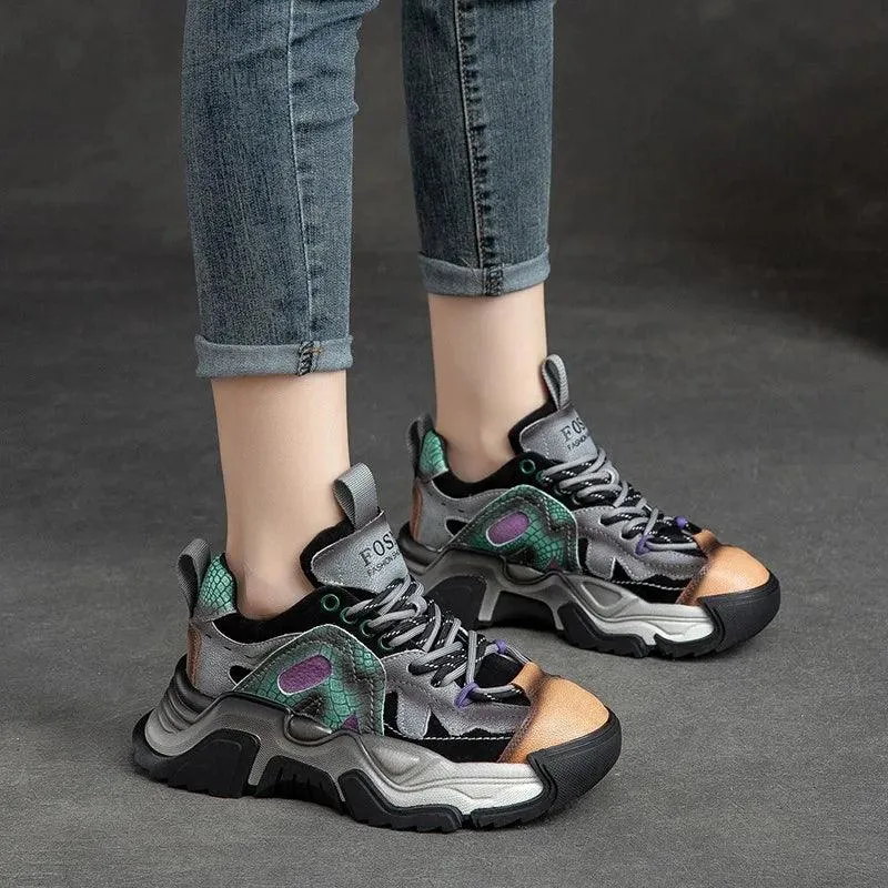 Women's Casual Shoes - Leather Platform Chunky Sneakers - TSS139