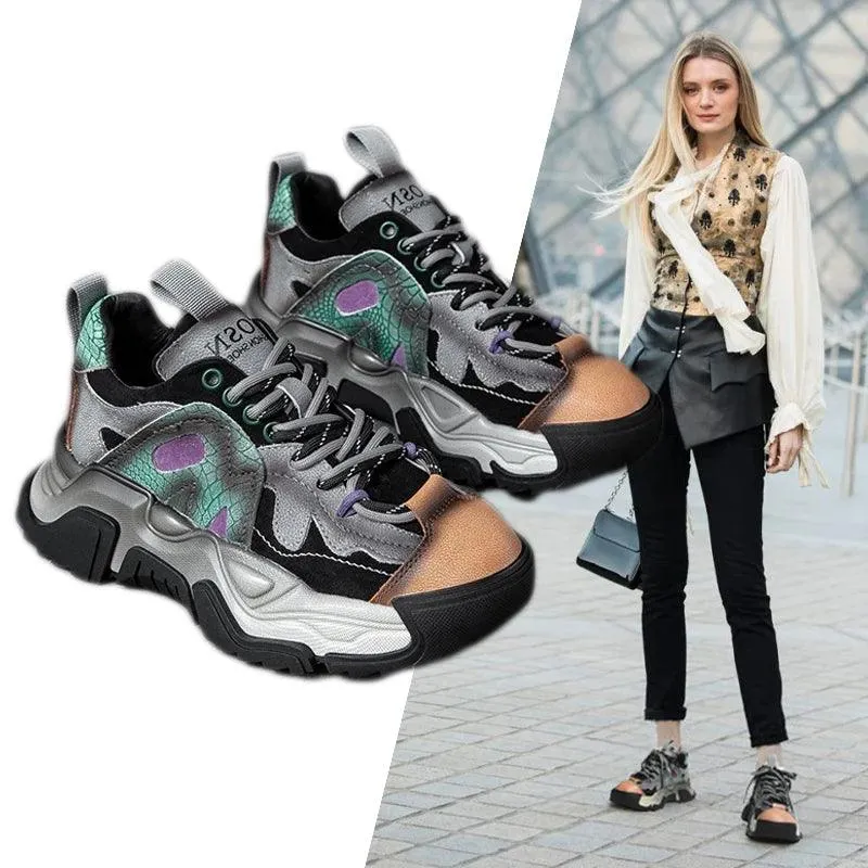 Women's Casual Shoes - Leather Platform Chunky Sneakers - TSS139